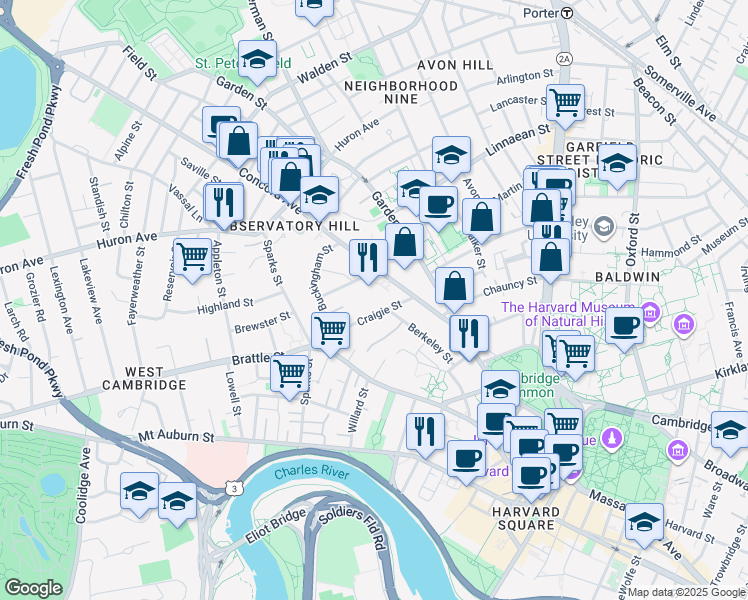 map of restaurants, bars, coffee shops, grocery stores, and more near 36 Concord Avenue in Cambridge