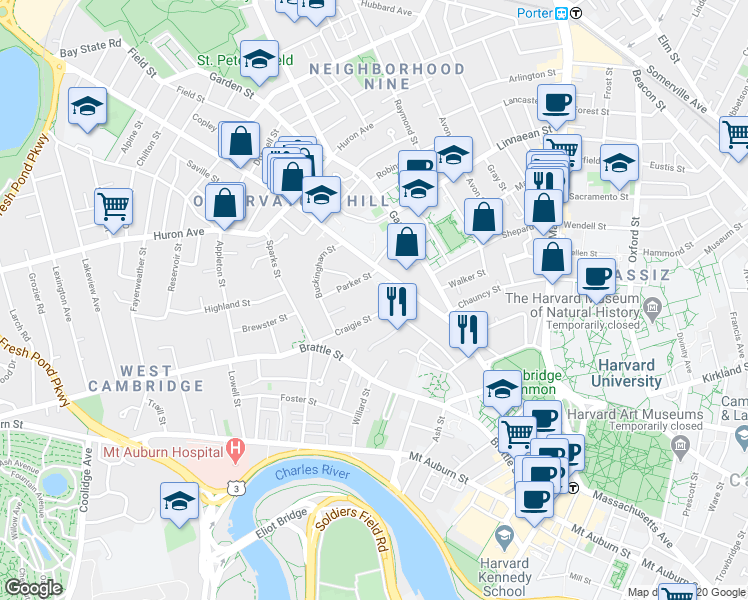 map of restaurants, bars, coffee shops, grocery stores, and more near 36 Concord Avenue in Cambridge