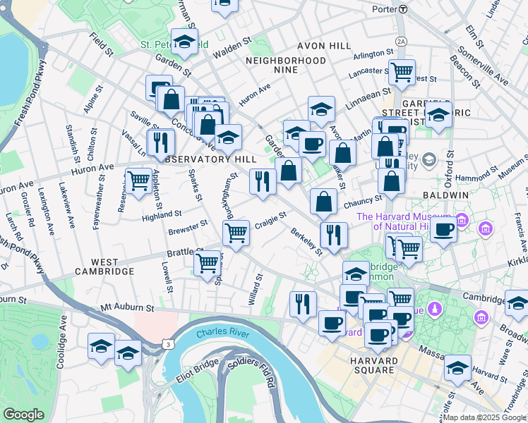 map of restaurants, bars, coffee shops, grocery stores, and more near 36 Concord Avenue in Cambridge