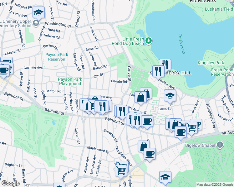 map of restaurants, bars, coffee shops, grocery stores, and more near 69 Foster Road in Belmont