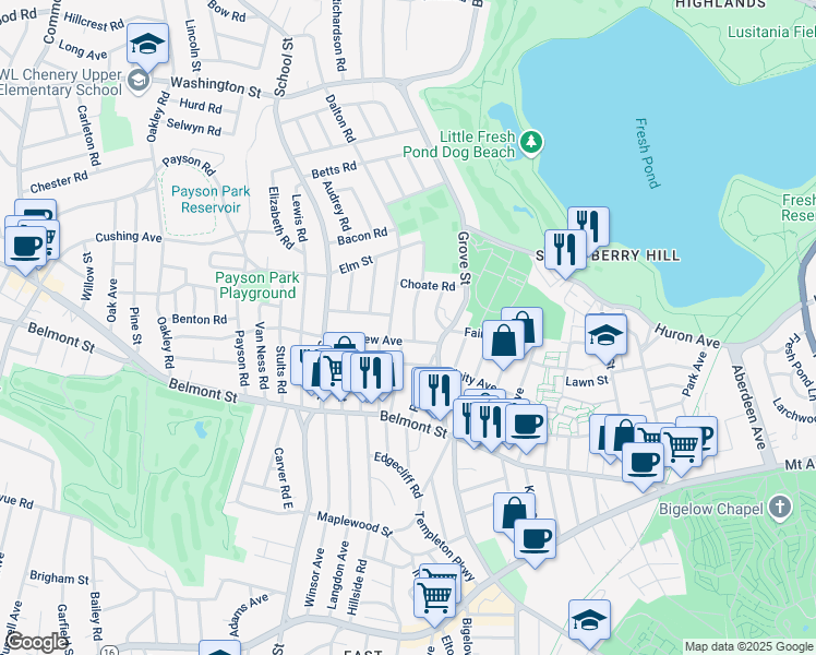 map of restaurants, bars, coffee shops, grocery stores, and more near 69 Foster Road in Belmont