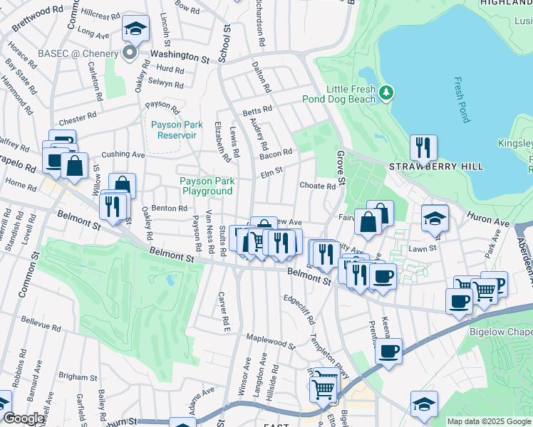map of restaurants, bars, coffee shops, grocery stores, and more near 540 School Street in Belmont