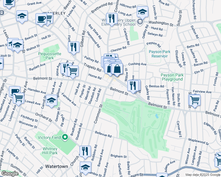 map of restaurants, bars, coffee shops, grocery stores, and more near 535 Belmont Street in Belmont