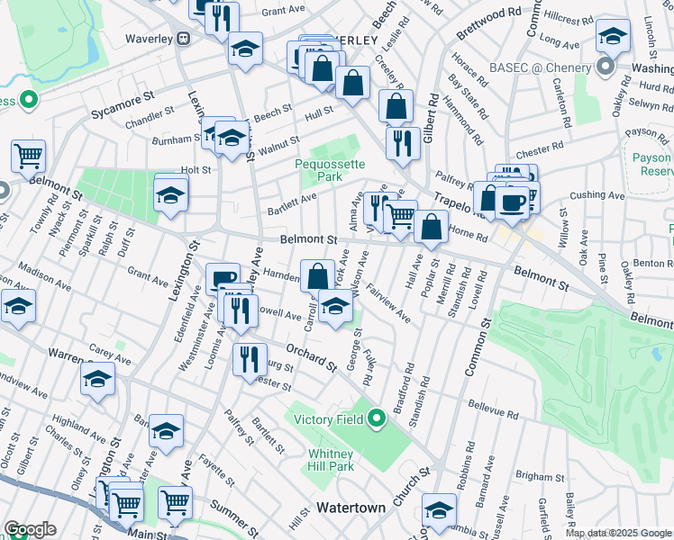 map of restaurants, bars, coffee shops, grocery stores, and more near 81 Carroll Street in Watertown