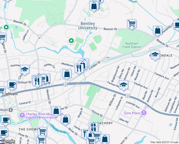 map of restaurants, bars, coffee shops, grocery stores, and more near 99 Linden Street in Waltham
