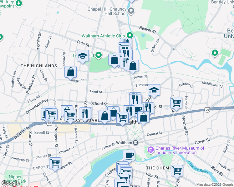 map of restaurants, bars, coffee shops, grocery stores, and more near 48 Pond Street in Waltham