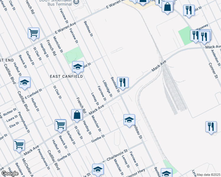 map of restaurants, bars, coffee shops, grocery stores, and more near 3894 Lillibridge Street in Detroit