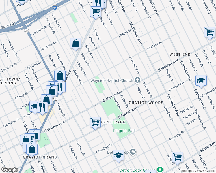 map of restaurants, bars, coffee shops, grocery stores, and more near 5066 Burns Avenue in Detroit