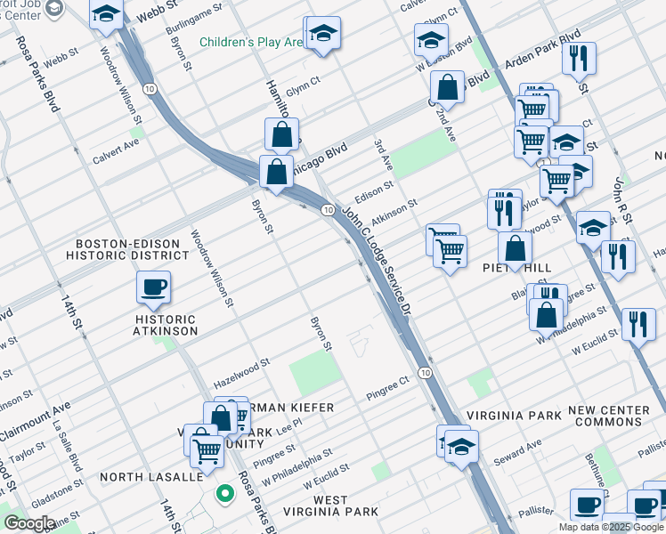 map of restaurants, bars, coffee shops, grocery stores, and more near 1181 Atkinson Street in Detroit