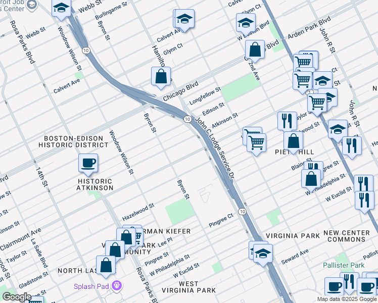 map of restaurants, bars, coffee shops, grocery stores, and more near 1181 Atkinson Street in Detroit