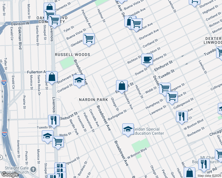 map of restaurants, bars, coffee shops, grocery stores, and more near 4290 Duane Street in Detroit