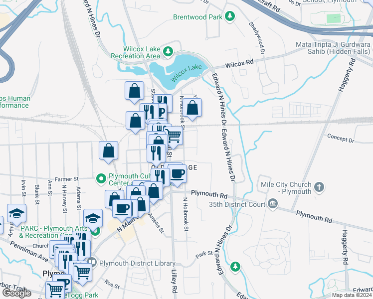 map of restaurants, bars, coffee shops, grocery stores, and more near 696 North Holbrook Street in Plymouth