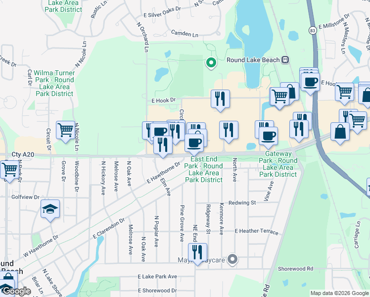 map of restaurants, bars, coffee shops, grocery stores, and more near 340 East Rollins Road in Round Lake Beach