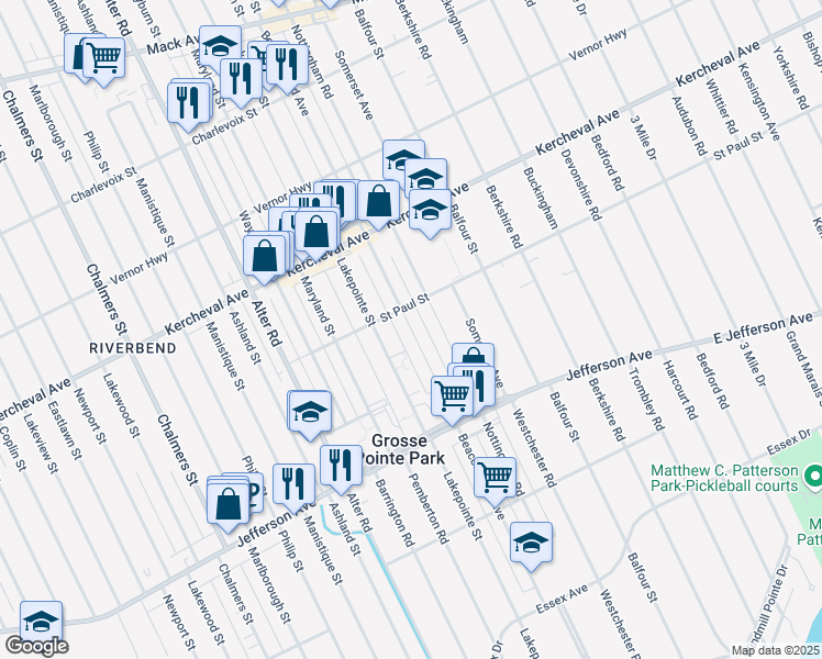 map of restaurants, bars, coffee shops, grocery stores, and more near 1080 Beaconsfield Avenue in Grosse Pointe Park