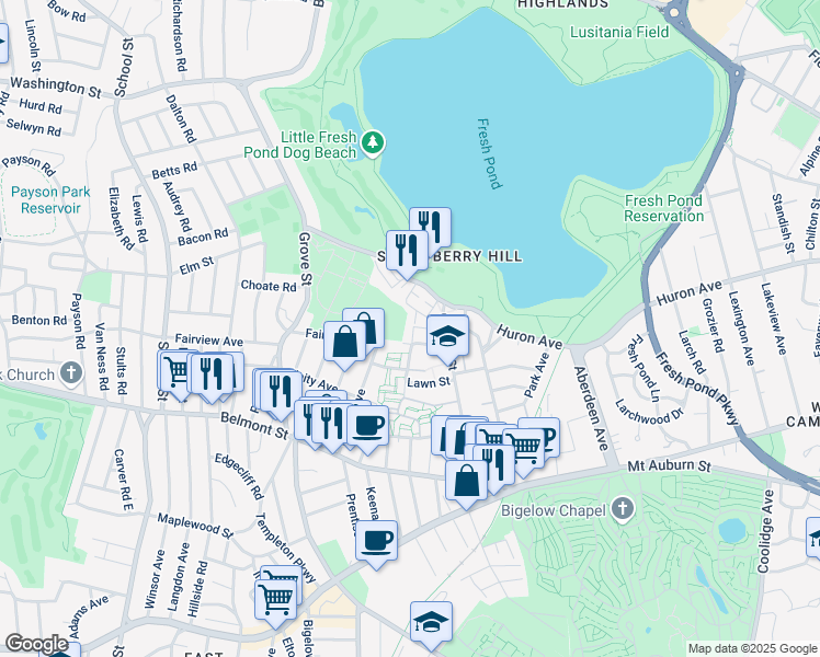 map of restaurants, bars, coffee shops, grocery stores, and more near 44 May Street in Cambridge