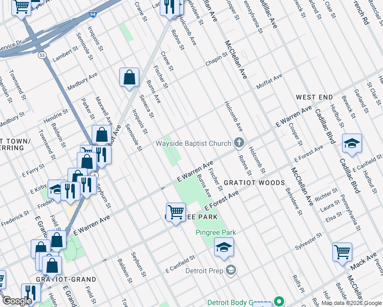 map of restaurants, bars, coffee shops, grocery stores, and more near 5066 Burns Avenue in Detroit