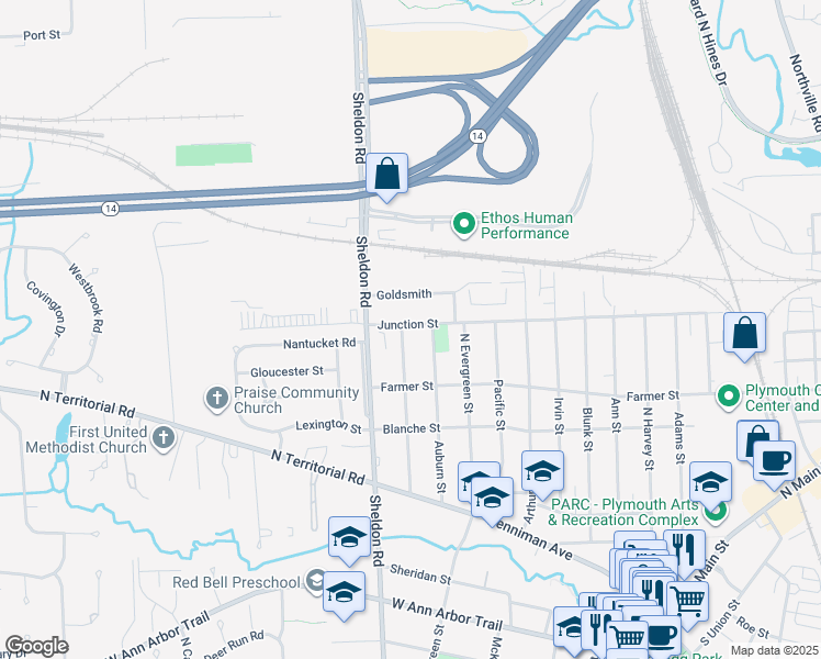 map of restaurants, bars, coffee shops, grocery stores, and more near 1450 Junction Street in Plymouth