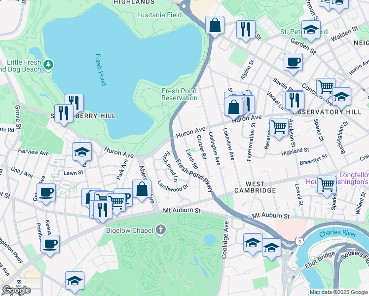 map of restaurants, bars, coffee shops, grocery stores, and more near 134 Larch Road in Cambridge