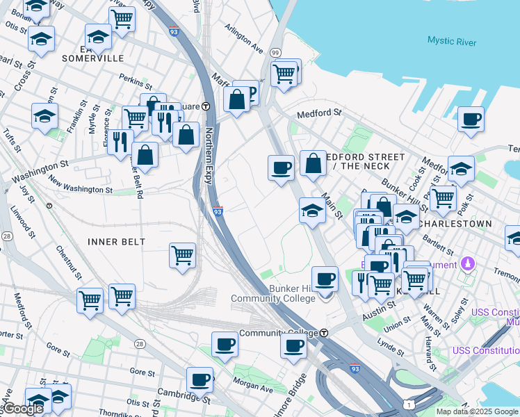 map of restaurants, bars, coffee shops, grocery stores, and more near 1 Bunker Hill Industrial Park in Boston