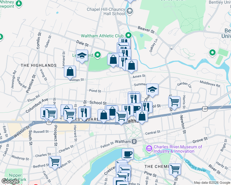map of restaurants, bars, coffee shops, grocery stores, and more near 48 Pond Street in Waltham