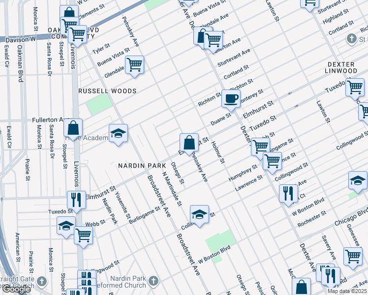 map of restaurants, bars, coffee shops, grocery stores, and more near 4224 Elmhurst Street in Detroit