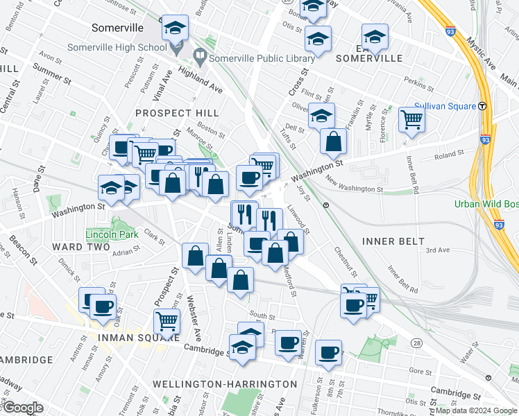 map of restaurants, bars, coffee shops, grocery stores, and more near 50 Mansfield Street in Somerville