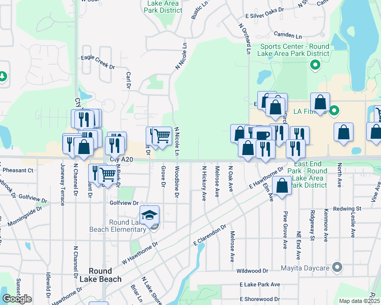map of restaurants, bars, coffee shops, grocery stores, and more near 2 East Rollins Road in Round Lake Beach
