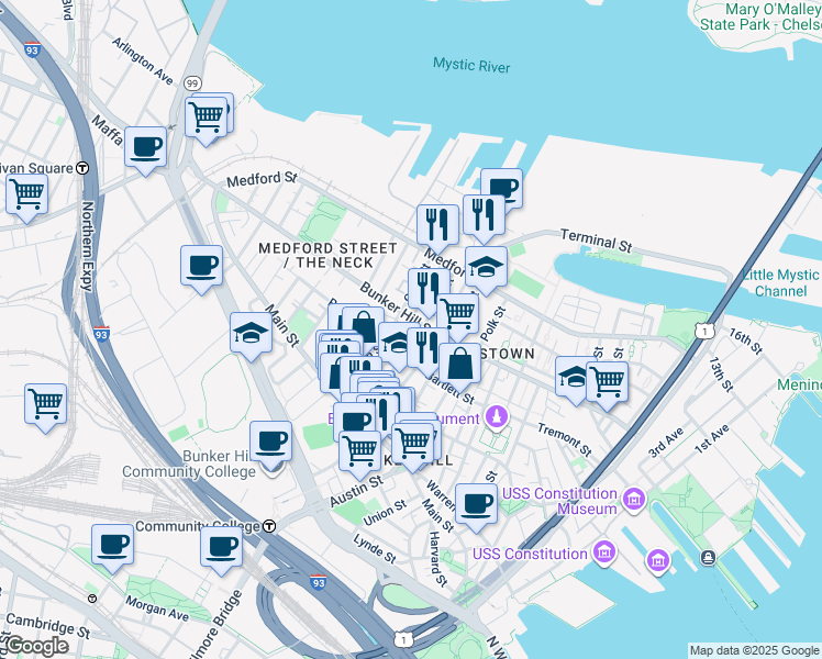 map of restaurants, bars, coffee shops, grocery stores, and more near 244 Bunker Hill Street in Boston