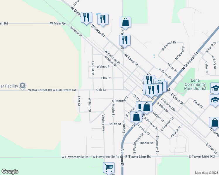 map of restaurants, bars, coffee shops, grocery stores, and more near 505 Oak Street in Lena