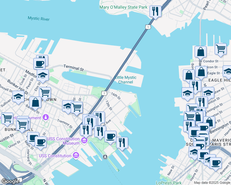 map of restaurants, bars, coffee shops, grocery stores, and more near 114 16th Street in Boston