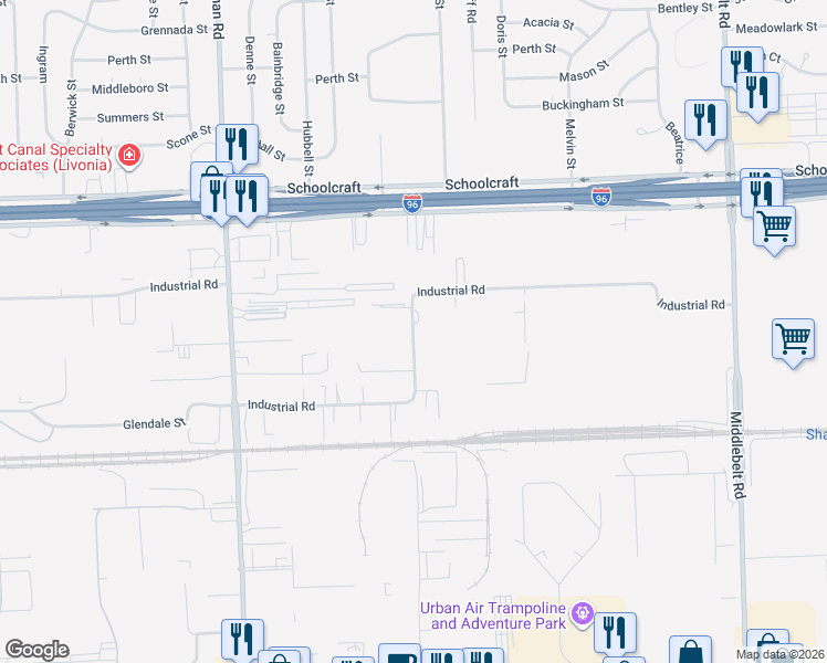 map of restaurants, bars, coffee shops, grocery stores, and more near 30853 Industrial Road in Livonia