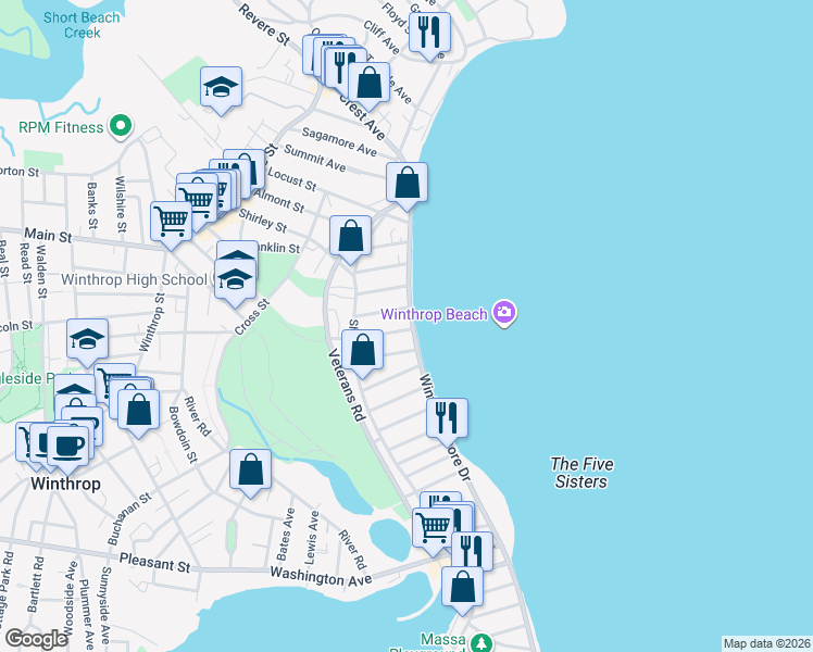 map of restaurants, bars, coffee shops, grocery stores, and more near 187 Winthrop Shore Drive in Winthrop