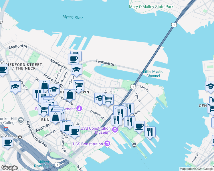 map of restaurants, bars, coffee shops, grocery stores, and more near 89 Medford Street in Boston