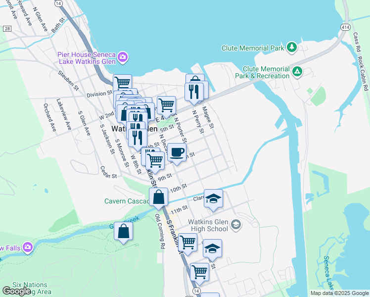 map of restaurants, bars, coffee shops, grocery stores, and more near 215 7th St in Watkins Glen