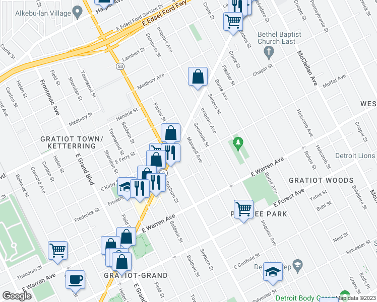 map of restaurants, bars, coffee shops, grocery stores, and more near 8100 Michigan 3 in Detroit