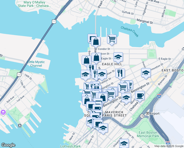 map of restaurants, bars, coffee shops, grocery stores, and more near 347 Border Street in Boston