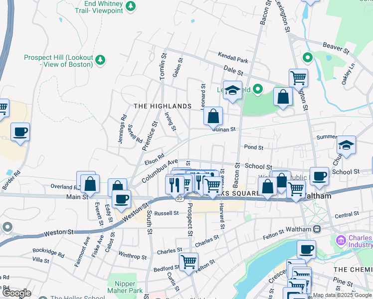 map of restaurants, bars, coffee shops, grocery stores, and more near 88 Hammond Street in Waltham