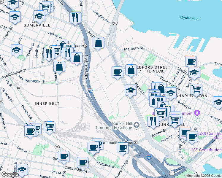 map of restaurants, bars, coffee shops, grocery stores, and more near 1 Bunker Hill Industrial Park in Boston