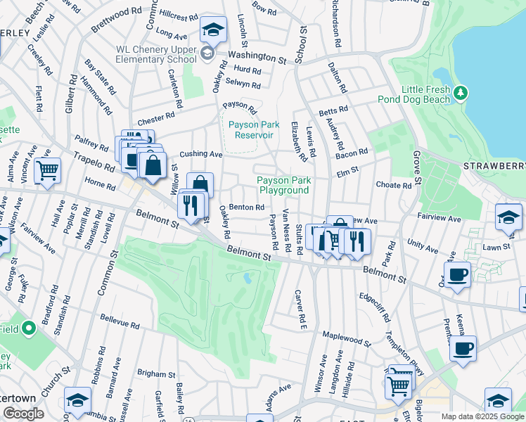 map of restaurants, bars, coffee shops, grocery stores, and more near 53 Benton Road in Belmont