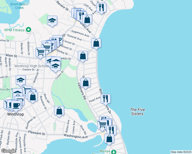 map of restaurants, bars, coffee shops, grocery stores, and more near 187 Winthrop Shore Drive in Winthrop