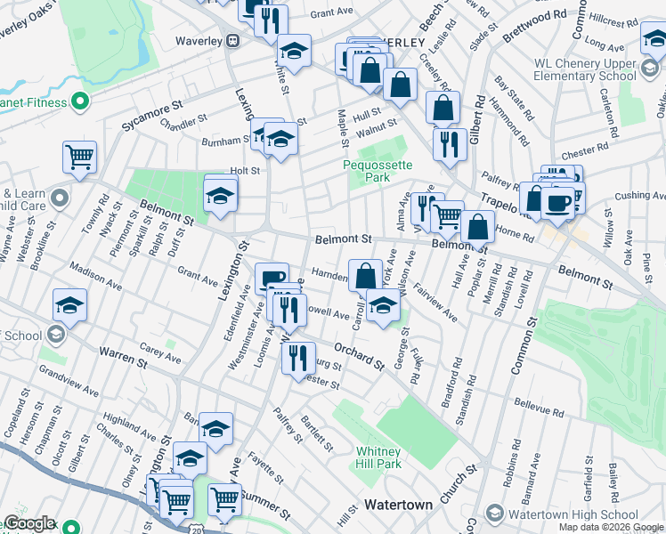 map of restaurants, bars, coffee shops, grocery stores, and more near 73 Hovey Street in Watertown