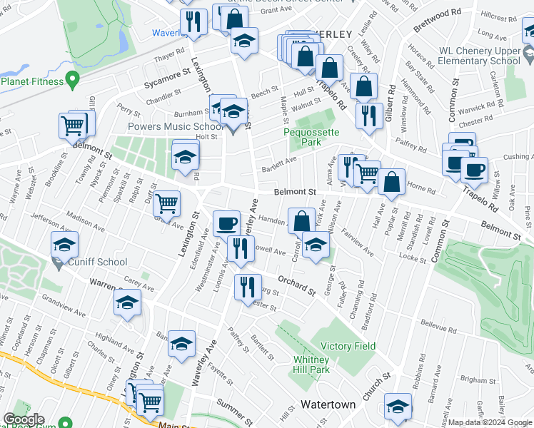 map of restaurants, bars, coffee shops, grocery stores, and more near 289 Waverley Avenue in Watertown