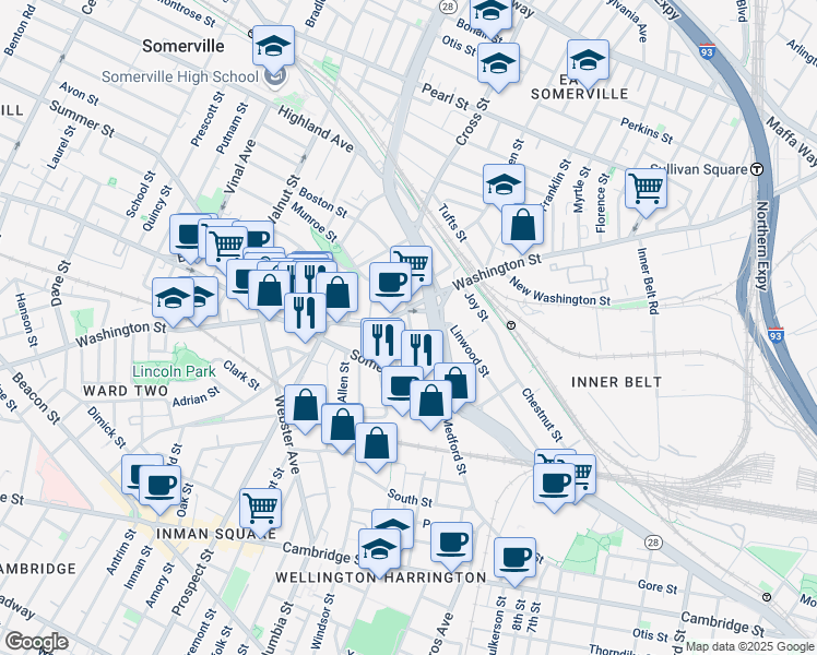 map of restaurants, bars, coffee shops, grocery stores, and more near 52 Mansfield Street in Somerville