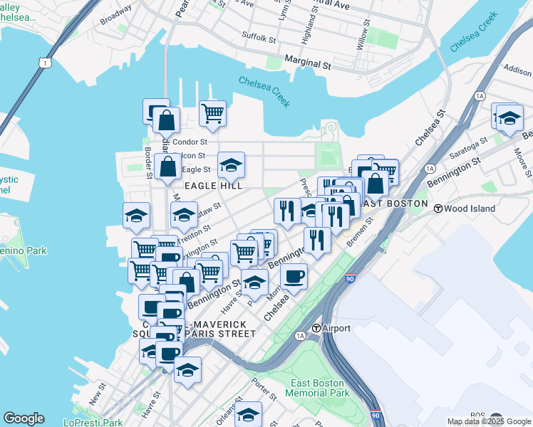 map of restaurants, bars, coffee shops, grocery stores, and more near 199 Lexington Street in Boston