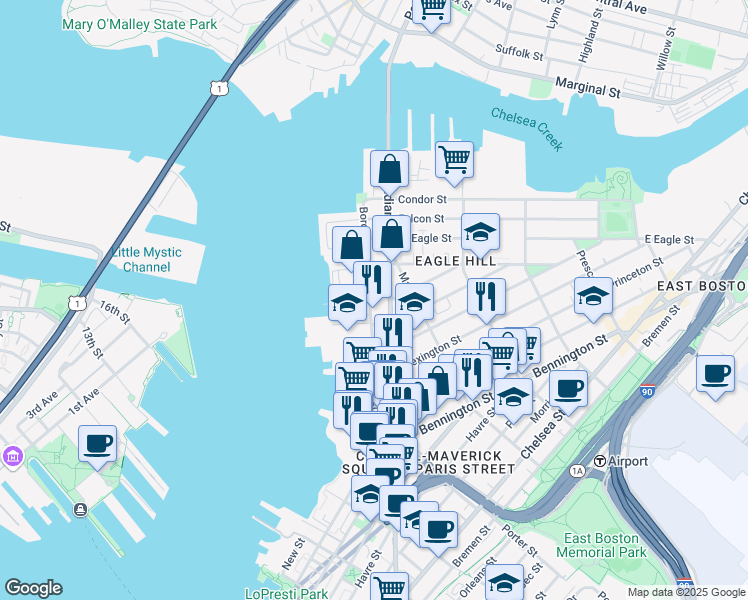 map of restaurants, bars, coffee shops, grocery stores, and more near 347 Border Street in Boston