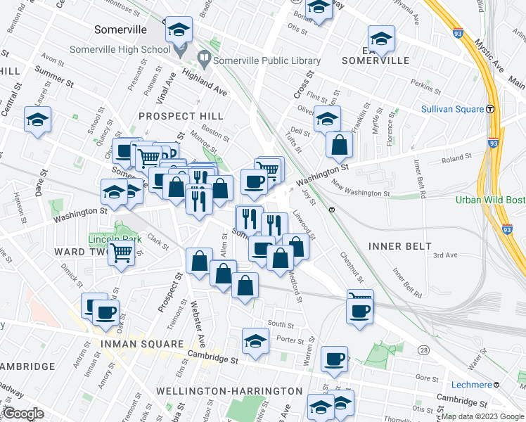map of restaurants, bars, coffee shops, grocery stores, and more near 192 Washington Street in Somerville