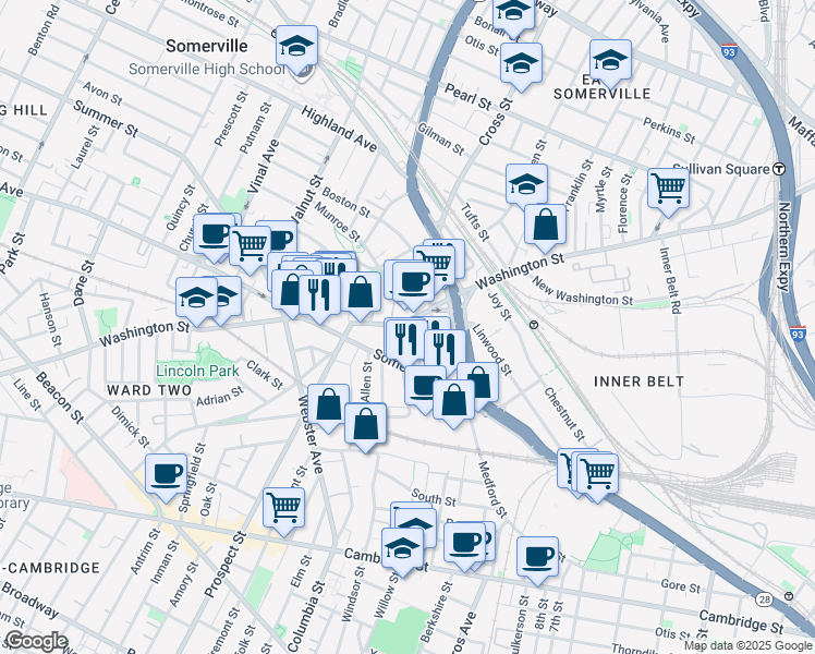 map of restaurants, bars, coffee shops, grocery stores, and more near 192 Washington Street in Somerville