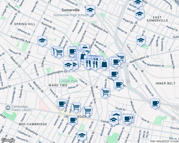 map of restaurants, bars, coffee shops, grocery stores, and more near 9 Union Square in Somerville