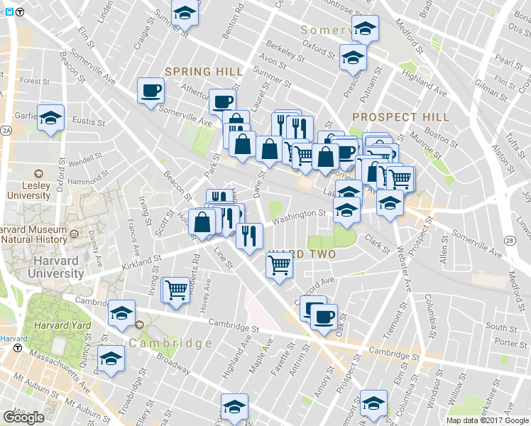 map of restaurants, bars, coffee shops, grocery stores, and more near 65 Dane Street in Somerville
