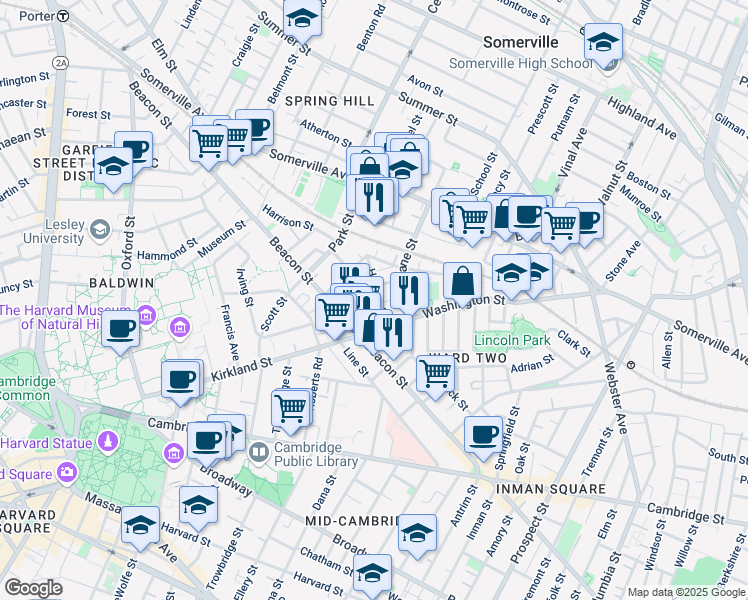 map of restaurants, bars, coffee shops, grocery stores, and more near 7 Durham Street in Somerville